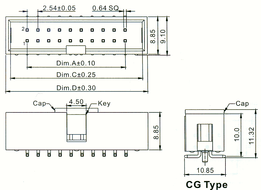 2316SM-XXG-CG (BH-XXSMD) серия, вилка закрытая прямая с монтажной крышкой и направляющими на плату для поверхностного монтажа, шаг 2,54 мм x 2,54мм, Разъемы для плоского кабеля серии IDC