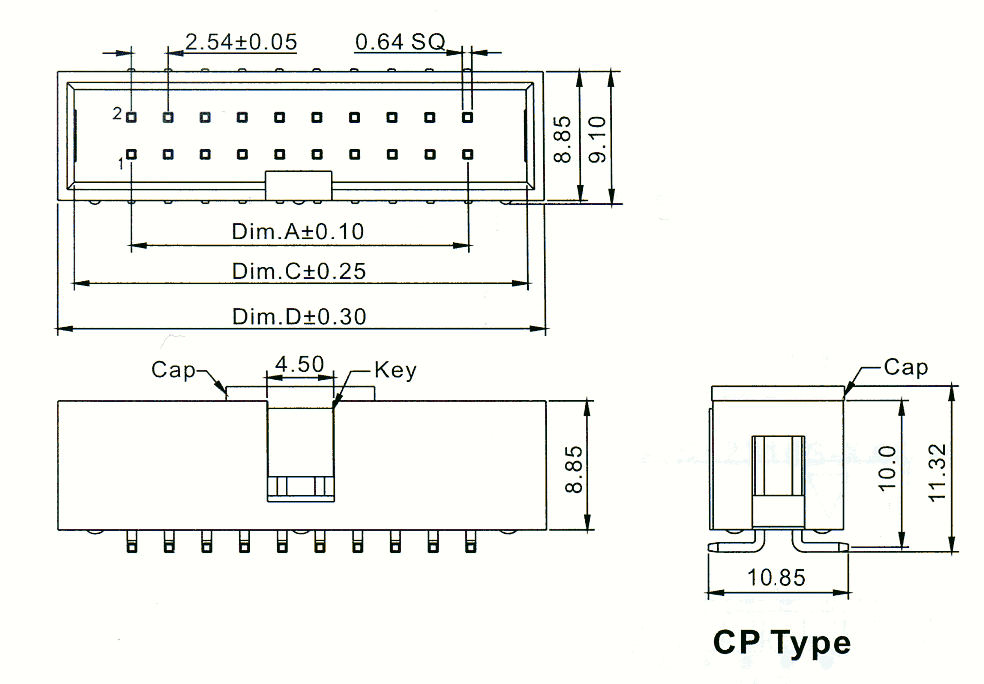 2316SM-XXG-CP (BH-XXSMD) серия, вилка закрытая прямая с монтажной крышкой для поверхностного монтажа на плату , шаг 2,54 мм x 2,54мм, Разъемы для плоского кабеля серии IDC