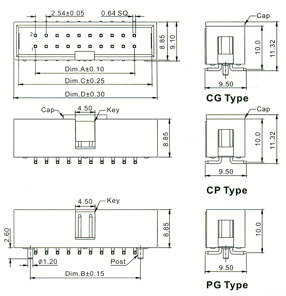 2316SM-XXG-PG (BH-XXSMD) серия, вилка закрытая прямая с направляющими на плату для поверхностного монтажа, шаг 2,54 мм x 2,54мм, Разъемы для плоского кабеля серии IDC