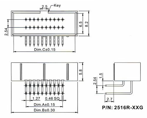           2516R-XXG (BH1.27x2.54R-XX),  1.27x2.54 