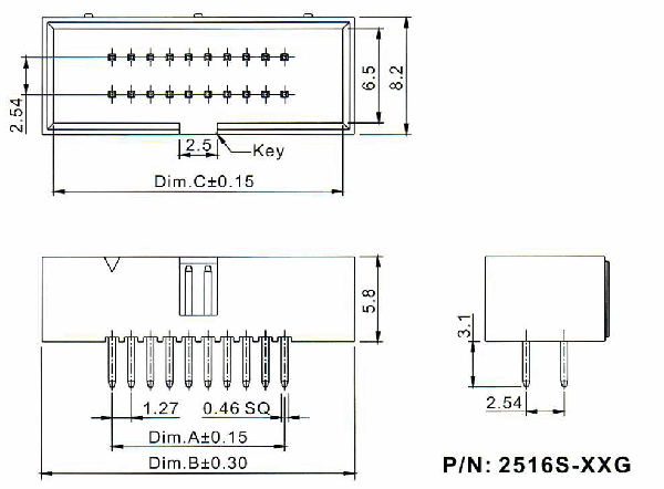           2516S-XXG (BH1.27x2.54-XX),  1.27x2.54 