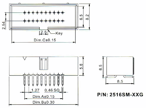        (SMD) ,  2516SM-XXG (BH1.27x2.54-XXSMD),  1.27x2.54 