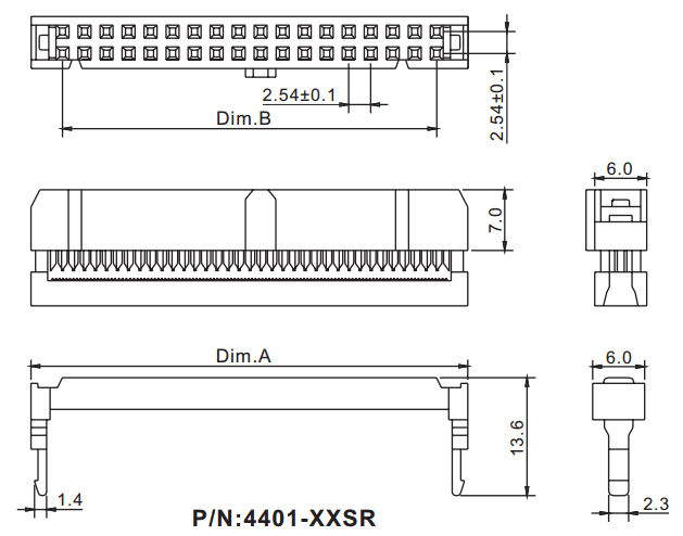 4401-XXSR (IDC-XX) серия, розетка на плоский кабель (шлейф), шаг 2,54 мм x 2,54мм, Разъемы для плоского кабеля серии IDC