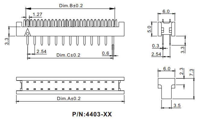 4403-XX (FDC-XX) серия, колодка на плоский кабель (шлейф) для монтажа в отверстия, шаг 2,54 мм x 2,54мм, Разъемы для плоского кабеля (шлейфа) серии IDC
