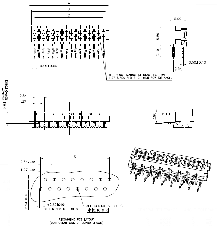 Розетки IDC Micro Match на плату угловые серии DS1015-05-XXR6 (KLS1-204FR-XX-R), шаг 1.27x2.54 мм