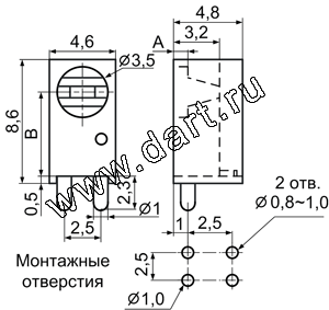 Угловые держатели одного круглого 3мм светодиода на плату