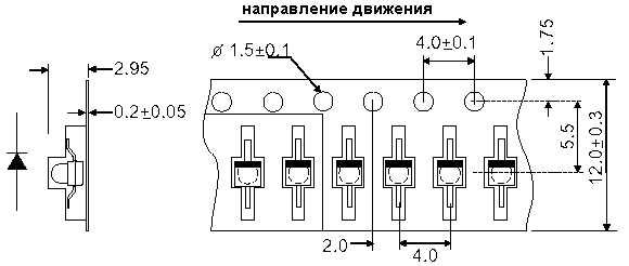 Упаковка на ленте (по 1500 шт. в ролике) HMIX-XX/TR8, Форма выводов светодиодов