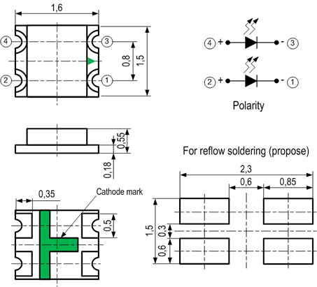 SMD 0605 BI-COLOR: двухцветные светодиоды для поверхностного монтажа
с верхним излучением