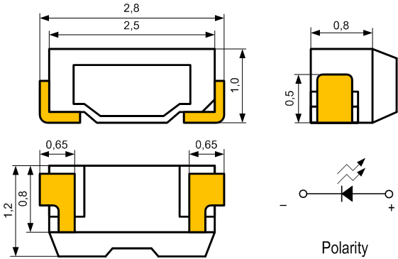 SMD PLCC 215 SIDE: светодиоды для поверхностного монтажа
с боковым излучением
