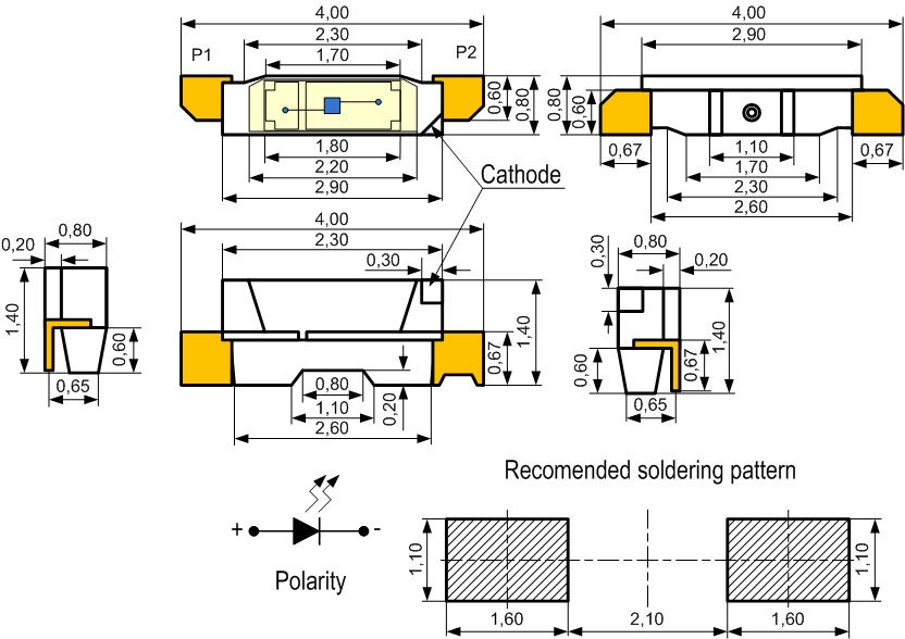 SMD PLCC 335 SIDE: светодиоды для поверхностного монтажа
с боковым излучением