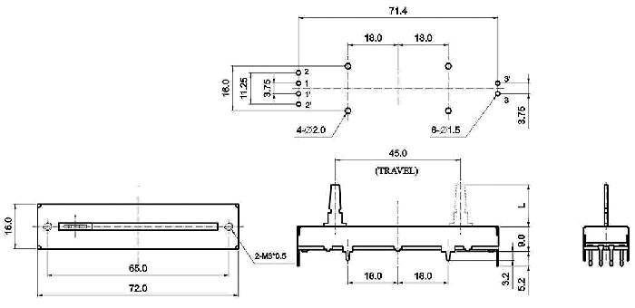 S4583G-xy3-, Потенциометры движкового типа 16 мм