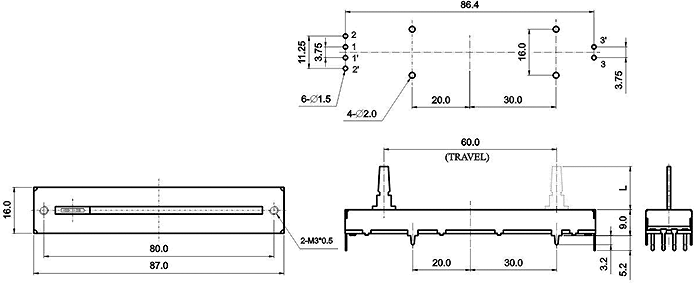 S6083G-xy3-, Потенциометры движкового типа 16 мм