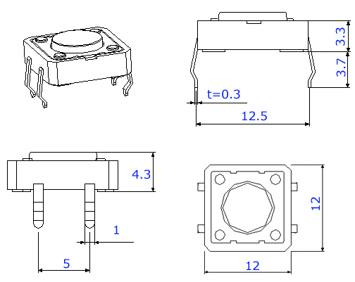 TS1243, 12x12x4,3 pin-based touch,   (TACT)
