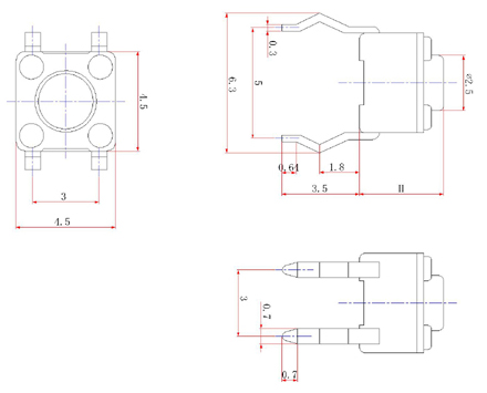 TS45H, 4,5x4,5 pin-based touch, Тактовые переключатели (TACT)