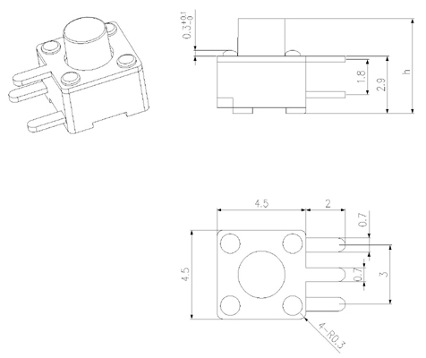 TS45HE, E-type three-pin 4,5x4,5 Tact, Тактовые переключатели (TACT)