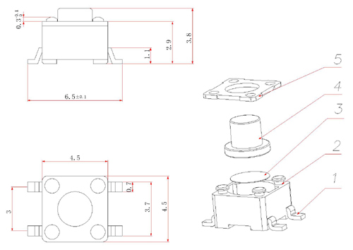 TSTP45H, 4,5x4,5 SMD Type Tact Switch, Тактовые переключатели (TACT)