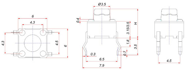 TS66H, 6x6 pin type touch, Тактовые переключатели (TACT)