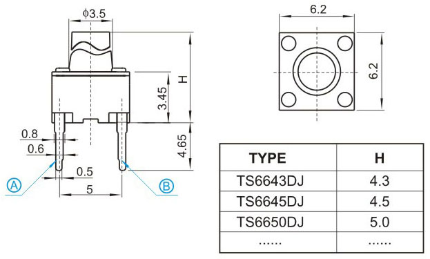 TS66HDJ, Short 2 6x6 feet touch, Тактовые переключатели (TACT)