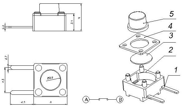 TSCB66HF, 6x6 horizontal feet touch switch normally closed,   (TACT)
