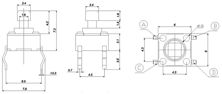 TSF6673, 6x6 square hat head pin-type touch, Тактовые переключатели (TACT)