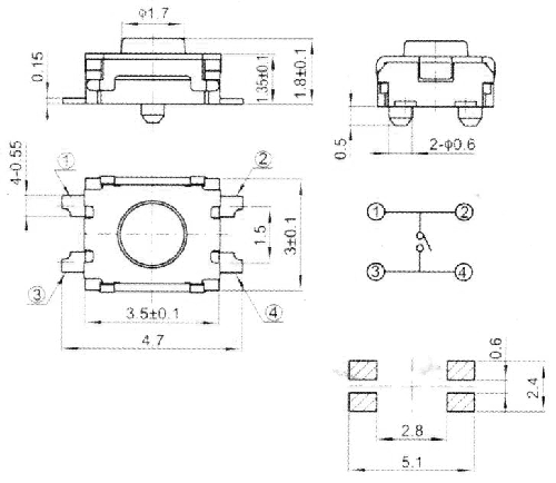 TVAF02 кнопка тактовая сверхминиатюрная 3,0x3,5мм для поверхностного монтажа, Тактовые переключатели