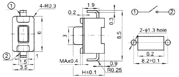 TVBR14 кнопка тактовая миниатюрная 3,5x6,0мм для выводного монтажа, Тактовые переключатели
