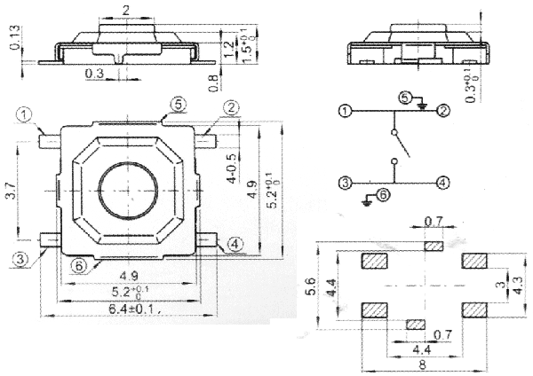 TVCF19 кнопка тактовая 5,2x5,2 мм для поверхностного монтажа, Тактовые переключатели