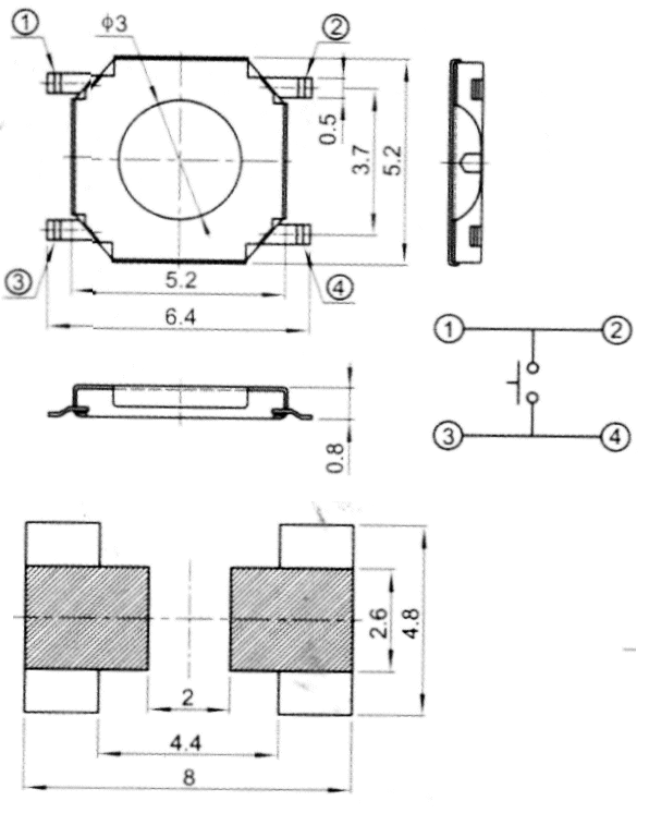 TVCM15 кнопка тактовая 5,2x5,2 мм для поверхностного монтажа, Тактовые переключатели