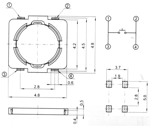 TVCU14 кнопка тактовая низкопрофильная 4,8x4,8 мм для поверхностного монтажа, Тактовые переключатели