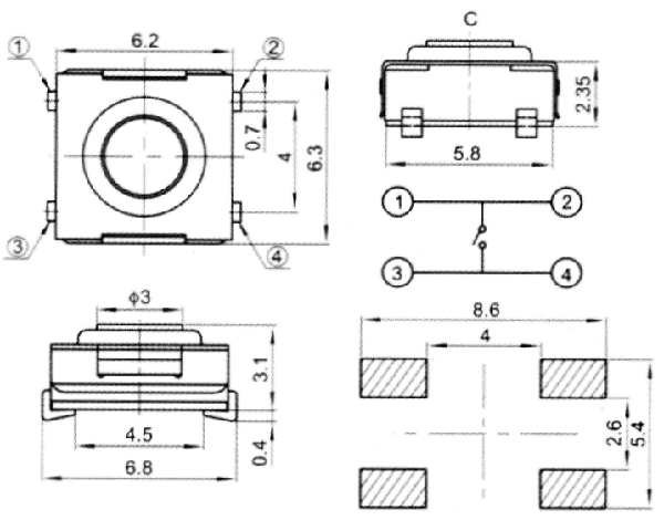 TVEJ12 кнопка тактовая 6,2x6,2мм пылезащищенная для поверхностного монтажа, Тактовые переключатели