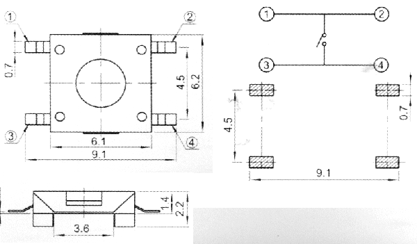 TVEM06 кнопка тактовая 6,2x6,2мм для поверхностного монтажа, Тактовые переключатели