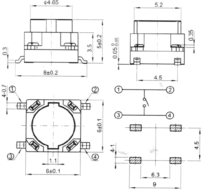TVFM02 кнопка тактовая 6,0x6,0мм с увеличенным ходом толкателя для поверхностного монтажа, Тактовые переключатели