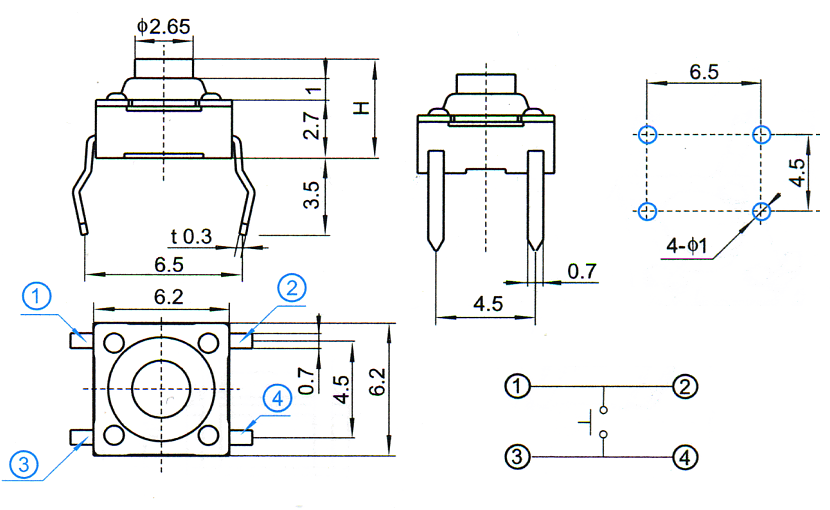 WS62H 6,2x6,2 pin waterproof touch, Тактовые переключатели (TACT)