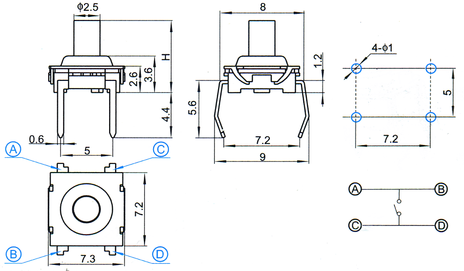 WS77HS 7x7 blue pin-type touch switch Waterproof, Тактовые переключатели (TACT)
