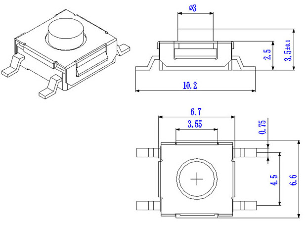 WSTP6635 6x6 Waterproof SMD Tact Switches,   (TACT)
